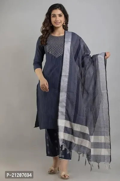 Stylish Fancy Designer Khadi Cotton Kurta With Bottom Wear And Dupatta Set For Women-thumb0