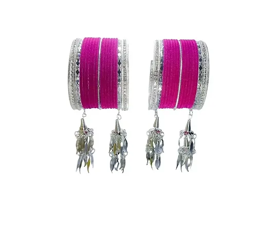 DREAMY DESIGNS Metal Silver Kalire and Color Velvet Metal Bangles Set For Women & Girl's Special Uses Marriage, Ceremony, Festival, Pooja.