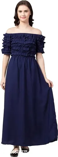 Stylish Navy Blue Crepe Solid Fit And Flare Dress For Women-thumb0