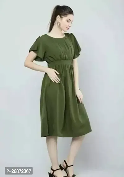 Stylish Green Crepe Solid Fit And Flare Dress For Women-thumb0