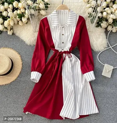 Stylish Red Crepe Striped Fit And Flare Dress For Women-thumb0