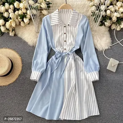Stylish Blue Crepe Striped Fit And Flare Dress For Women-thumb0