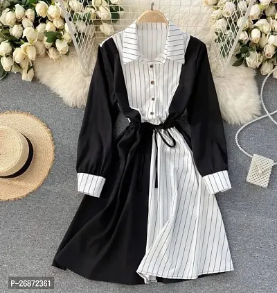 Stylish Black Crepe Striped Fit And Flare Dress For Women