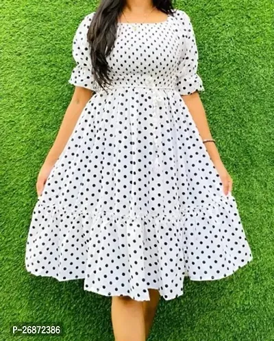 Stylish White Crepe Polka Dot Print Fit And Flare Dress For Women-thumb0