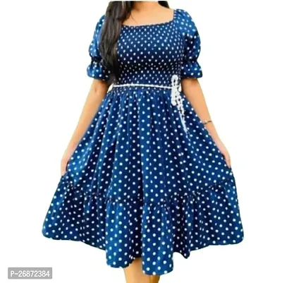 Stylish Blue Crepe Polka Dot Print Fit And Flare Dress For Women-thumb0