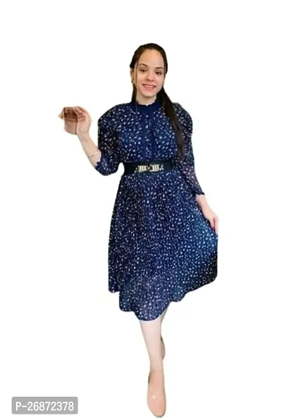 Stylish Blue Georgette Printed Fit And Flare Dress For Women-thumb0