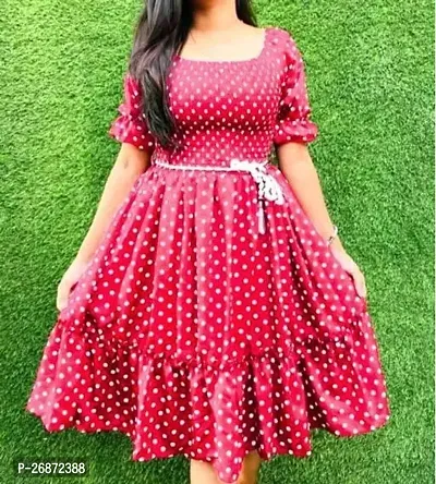 Stylish Red Crepe Polka Dot Print Fit And Flare Dress For Women