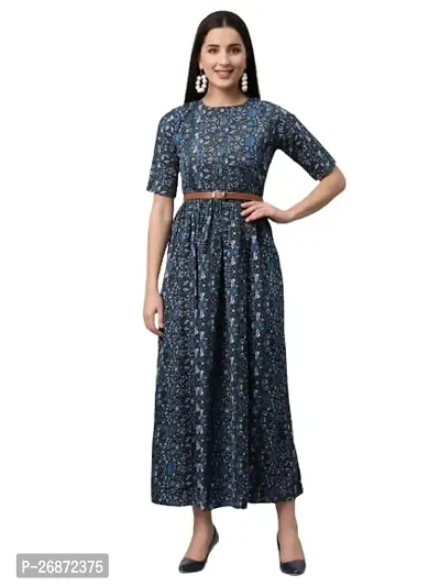 Stylish Navy Blue Crepe Printed Fit And Flare Dress For Women