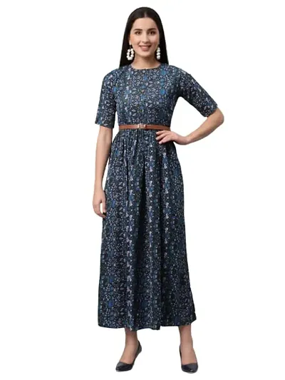 Women Fit and Flare Dress/Women Maxi Dress/Belt Long Dress/Long Printed Crepe Trend Dress for Girls and Women