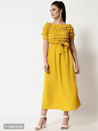 Stylish Yellow Crepe Solid Fit And Flare Dress For Women