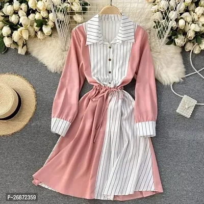 Stylish Peach Crepe Striped Fit And Flare Dress For Women-thumb0