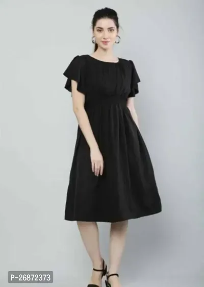 Stylish Black Crepe Solid Fit And Flare Dress For Women-thumb0