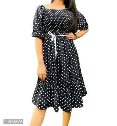 Stylish Black Crepe Polka Dot Print Fit And Flare Dress For Women