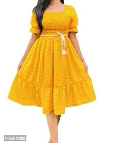 Stylish Yellow Crepe Polka Dot Print Fit And Flare Dress For Women-thumb0