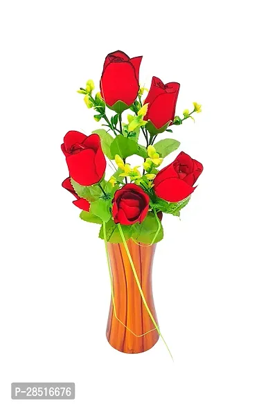 Attractive Red Roses Artificial Flowers Bunch With Wooden  Stand  for Home Decor ( Pack of 1 , Wooden Stand , Flower Bunch )-thumb0