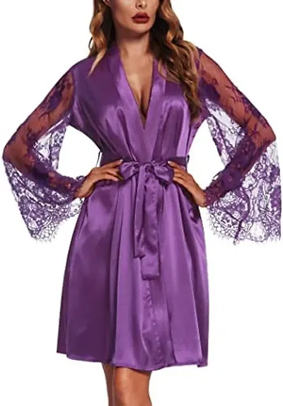 Classic Satin Solid Nightwear Bath Robe for Women