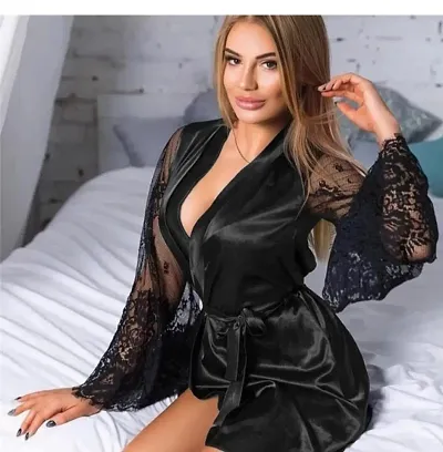 Classic Satin Solid Nightwear Bath Robe for Women