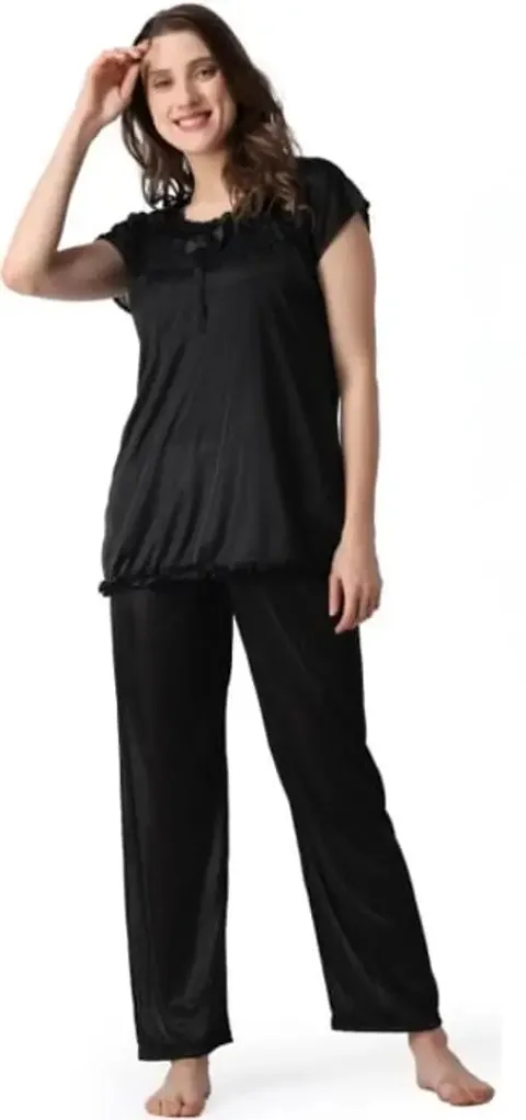 Classic Satin Solid Top and Pyjama Nighty set for Women