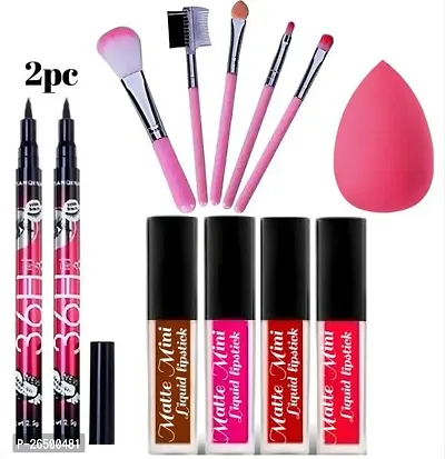 Matte Mini Waterproof Long Lasting Lipstick 2 Eyeliners 5 Pcs Brushwith 1 Puff Combo