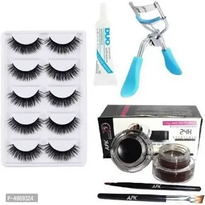 5 Pair Eyelash, Glue, Curler, Gel Eyeliner Black and Brown Pack of 5 (8 Items in the set)