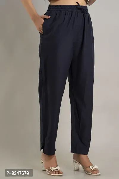 DORIYA Women Regular Fit Elastic Waist Full Length Solid Cotton Blend Palazzo Pant Trouser-thumb3