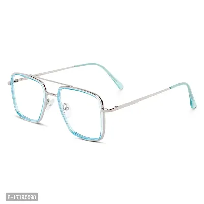 rofek I Full Rim Metal Anti Glare Zero Power Double Bridge Unisex Eyewear Spectacle Frames | Square Design Eyeglasses For Men And Women | Silver And Sky Blue (Sky Blue)-thumb0