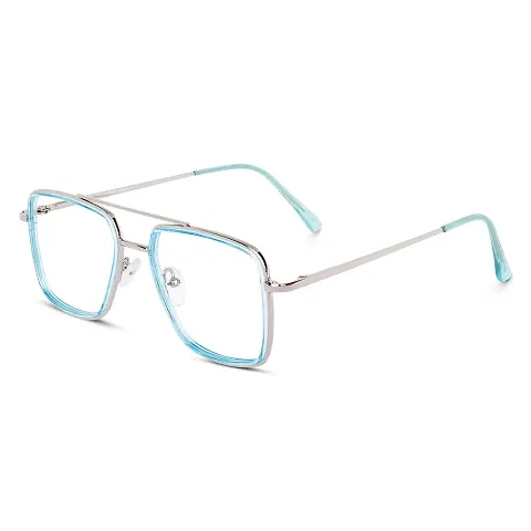 rofek I Full Rim Metal Anti Glare Zero Power Double Bridge Unisex Eyewear Spectacle Frames | Square Design Eyeglasses For Men And Women | Silver And Sky Blue (Sky Blue)