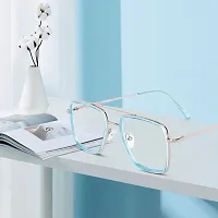 rofek I Full Rim Metal Anti Glare Zero Power Double Bridge Unisex Eyewear Spectacle Frames | Square Design Eyeglasses For Men And Women | Silver And Sky Blue (Sky Blue)-thumb3