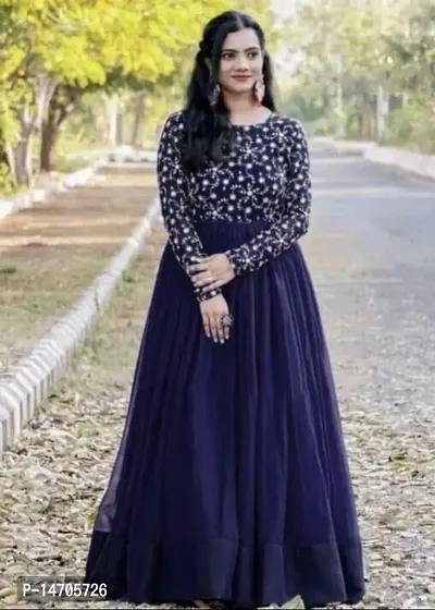 Navy Blue Georgette Embroidered Ethnic Gowns For Women