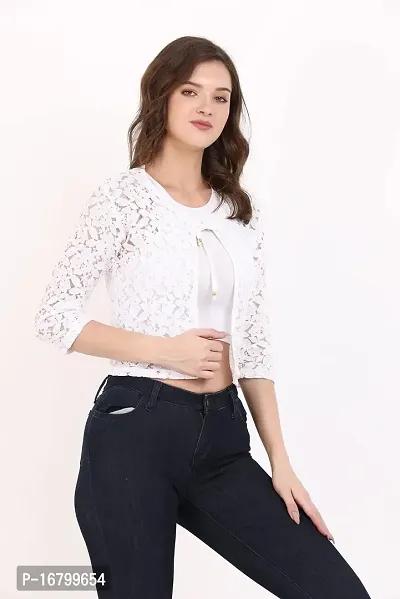 KG Best Collection Women Lace 3/4th Sleeve White Shrug-thumb2