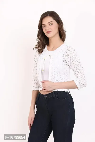 KG Best Collection Women Lace 3/4th Sleeve White Shrug-thumb3