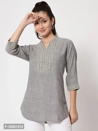 ANGOORI FASHION  Casual Regular Sleeves Embroidered Women Grey Top