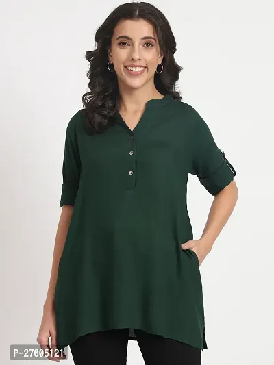Beautiful Casual Roll Up Sleeves Solid Women Green Tops-thumb0