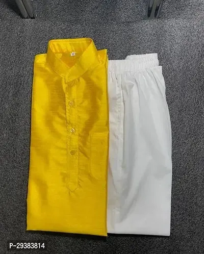 Reliable Yellow Khadi Silk Solid Kurta And Bottom Sets For Men-thumb0