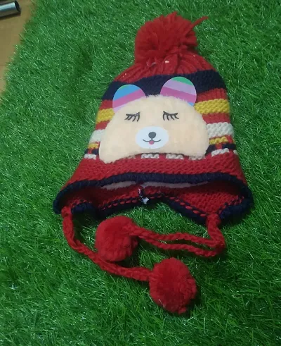 Fabulous Woolen Woven Design Bobble Cap For Kids