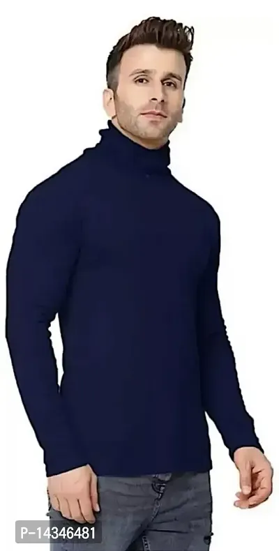 Men Solid High Neck navy blue T-Shirt