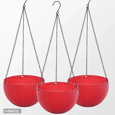 SHIROE Rattan Hanging Basket Waven Flower Pot With Hanging Chain For House ,Garden ,Balcony ,Patio Decoration(Color-Red ,Set of 3 pcs)