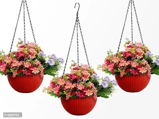 SHIROE Rattan Hanging Basket Waven Flower Pot With Hanging Chain For House ,Garden ,Balcony ,Patio Decoration(Color-Red ,Set of 3 pcs)-thumb2
