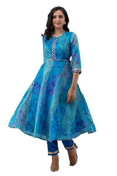 Trendy Cotton Blend Printed Anarkali Kurta with Pant Set