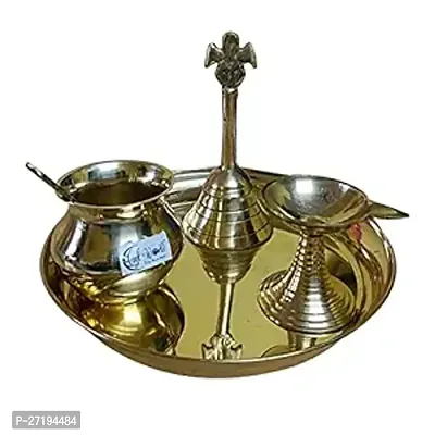 Stylish Pure Brass Special Puja Thali Set Of 5 Items, For Diwali Poojan-thumb0