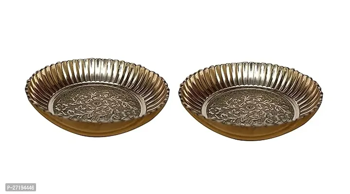 Stylish 4No China Plate, Bhog Thali Prasad Plate Pooja Accessories Brass 2 Pieces, Gold-thumb0