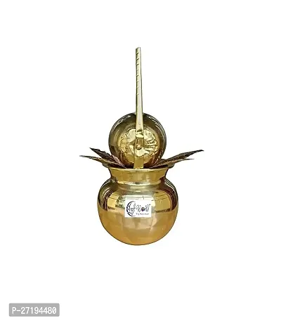 Stylish Brass Mangal Kalash With Brass Nariyal And Leafs Height 6 Inch-thumb0