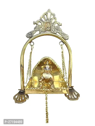 Stylish Nand Laddu Gopal Krishna H-3 Inch With Jhula H-9 Inch , Standard Size, Golden Decorative Showpiece - 22 Cm Brass, Gold