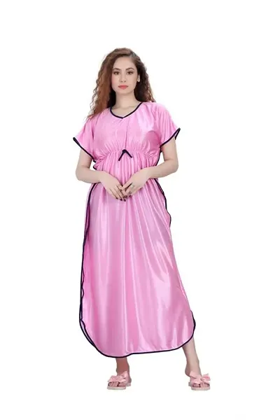 Stylish Satin V Neck Half Sleeves Solid Kaftan Nighty/Night Gown