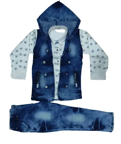 Fabulous Self Pattern Shirt Jacket with Trousers For Boys