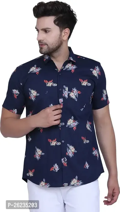 Reliable Blue Cotton Blend Printed Short Sleevess Casual Shirts For Men