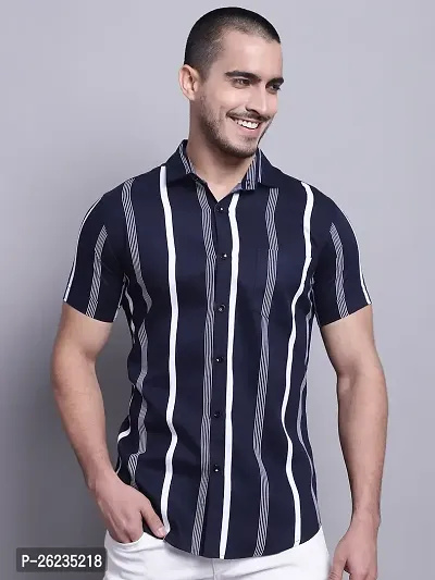 Reliable Blue Cotton Blend Striped Short Sleeves Casual Shirts For Men