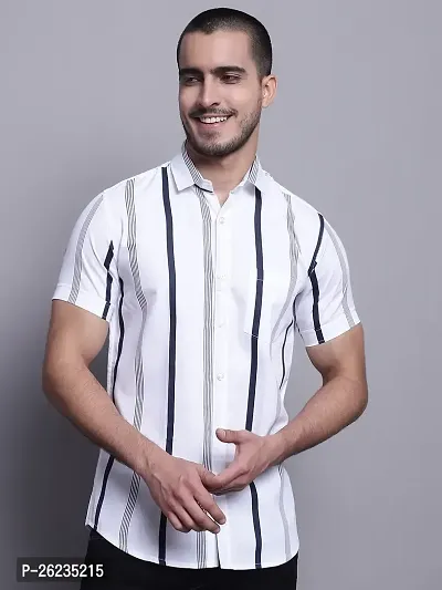 Reliable White Cotton Blend Striped Short Sleeves Casual Shirts For Men-thumb0