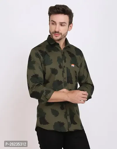 Reliable Green Cotton Blend Printed Long Sleeves Casual Shirts For Men