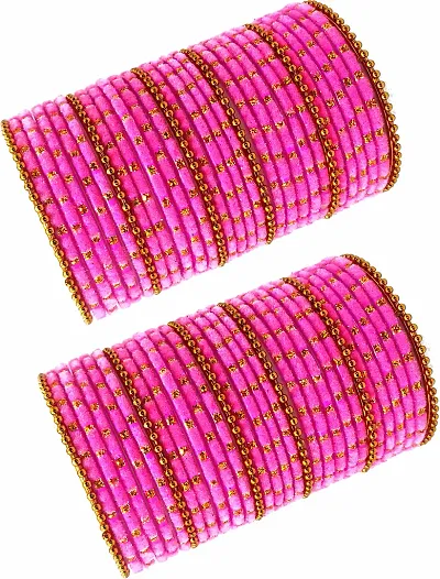 Glass with Velvet and Ball Chain Bangle Se For Women and Girls, (Magenta), Pack Of 60 Bangle Set